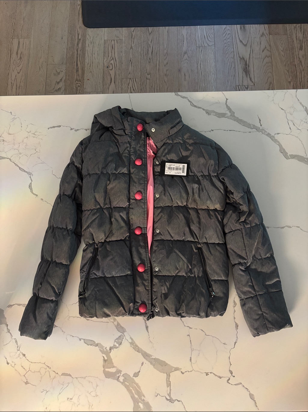 Emporio Armani Gray Puffer Jacket With Pink Accents